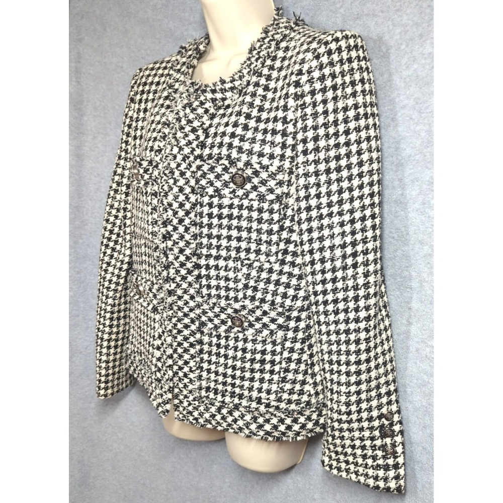 Elie Tahari Houndstooth Tweed Jacket M Black White Crest Buttons Board Room Chic